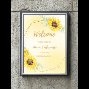 Bearbeitbares Gold-Sonnenblumen-Hochzeits-Willkommensschild, Aquarell-Sonnenblumen-Hochzeitsdekoration Rustikales Sonnenblumen-Willkommensschild EWIT166