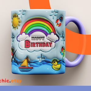 3D aufgeblasene Geburtstagstassenverpackung, Geschwollener Regenbogen-Geburtstagstassenverpackung PNG | Tasse Sublimationsentwurf | Alles Gute zum Geburtstag PNG