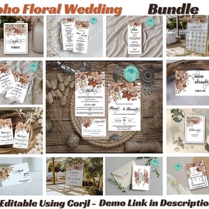 Boho Fall Large Wedding Template Bundle, Printable Autumn Floral Wedding Invitation Bundle Editable Earth Tone Wedding Set Collection EWIT62