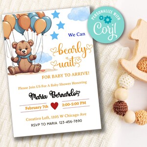 Invito modificabile per baby shower a tema orso: tema palloncini (download digitale)