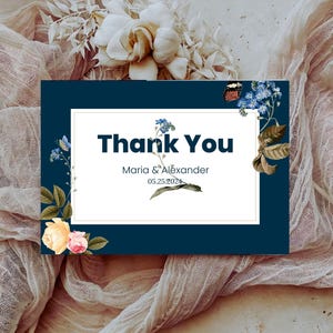 Cartão de agradecimento floral azul marinho, Cartões de agradecimento de casamento, Nota de agradecimento, Cartões postais de agradecimento, Cartões de agradecimento dobrados, Azul marinho EWIT176