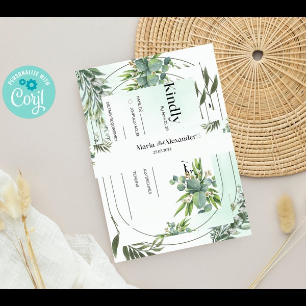 Greenery Belly Band Template, Printable Botanical Eucalyptus Wedding Invitation Band, Editable Boho Invite Wrap, Instant Download EWIT88