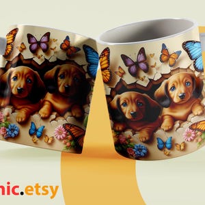 3D Puppy Dachshund Dog Mug, 3D Floral Dog Floral Machine 11oz,15oz Mug Sublimation Wrap, Digital Download Mug PNG, 3D Mug Wrap Coffee Mug