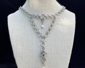 Handwoven Stainless Steel Chainmail Necklace | Byzantine Freshwater Pearl