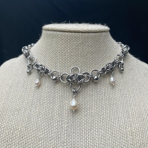 Handgewebte Kettenhemd aus Edelstahl | Süsswasserperle, Gothic Grunge