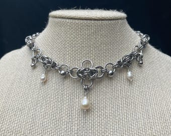 Handwoven Stainless Steel Chainmail Necklace | Freshwater Pearl, Gothic Grunge