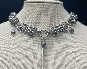 Handwoven Stainless Steel Chainmail Necklace | Freshwater Pearl, Spike Charm