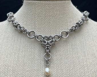 Handgeweven maliënketting | Byzantijnse stijl van roestvrij staal met parel