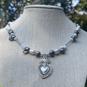 Sacred Heart Necklace Locket Necklace Charm Necklace Gemstone Necklace Angel Necklace Whimsigoth Necklace Y2K Necklace Pearl Necklace