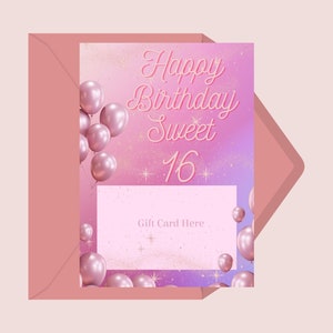 Sweet 16 Birthday Gift Card Holder | Printable Pink Holder for Teen Girl | Instant Download | Happy Birthday Gift for Her | Digital File