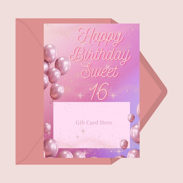 Happy Birthday Sweet Sixteen Gift Card Holder | Happy Birthday to you | Pink Printable Gift Card Holder for Teenager Girl | Girl Birthday |