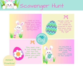 Puede incluir: Un juego de búsqueda del tesoro de Pascua imprimible con cuatro pistas. Cada pista presenta un conejo y un huevo de Pascua. Las pistas son: "Huelo tan bien en primavera, encuentra tu próxima pista donde la lluvia de abril trae abejas de primavera.", "¡La gente sube a mí y me usa para la sombra! Estoy cubierto de corteza y tengo muchos anillos que dicen mi edad!!", "Esta siguiente pista no está dentro y no está muy lejos. Piensa en el lugar donde estacionas tu coche.", y "Soy largo como una serpiente, rima con nariz, las plantas me necesitan, porque soy el agua??".