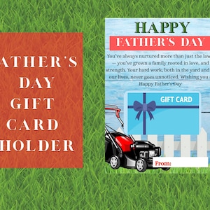 Op de afbeelding: Een Vaderdag cadeaukaarthouder met een grasmaaierafbeelding. De houder is oranje met witte tekst die luidt "Father's Day Gift Card Holder". De kaart heeft een blauwe cadeaukaart met een strik en de woorden "Happy Father's Day."