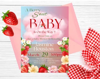 Strawberry Baby Shower Invitation - Berry Sweet Theme | Printable & Editable Template | Instant Download Girl Baby Shower Invite