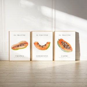 Italian Fruit Collection 2.0, Papaya Fruit Digital Prints Set of 3, Watercolour Prints, Modern Fruit Poster, Kitchen Dining Room Wall Art