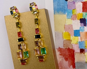 Colorful Crystal Dangle Earrings Inspired by Paul Klee’s Geometric Modern Art