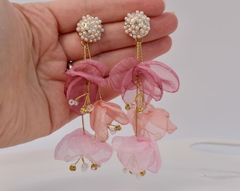 Pink Cherry Blossom Organza Earrings for Spring: Sakura Peony Wedding Jewelry