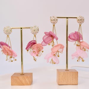 Pink Cherry Blossom Organza Earrings: Sakura Peony Wedding Jewelry