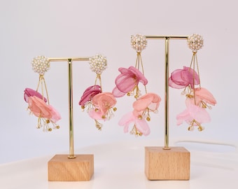 Pink Cherry Blossom Organza Earrings: Sakura Peony Wedding Jewelry