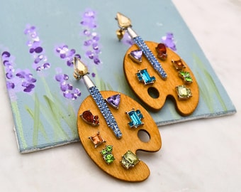 Artist Paint Palette Earrings: Wood With Rhinestone Accents