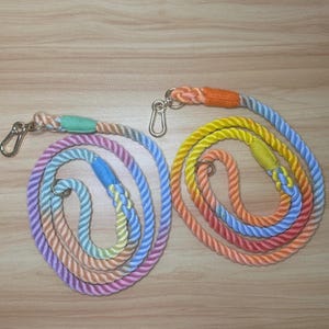 Può includere: Due guinzagli per cani in corda colorati con moschettoni in metallo dorato. I guinzagli sono sfumati con tonalità di rosa, arancio, giallo, blu e verde.