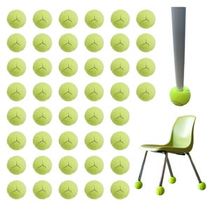 May include: A set of 48 green tennis balls arranged in a grid pattern. A chair with a green seat and silver legs has tennis balls attached to the bottom of each leg. A single tennis ball is attached to the bottom of a silver pole.