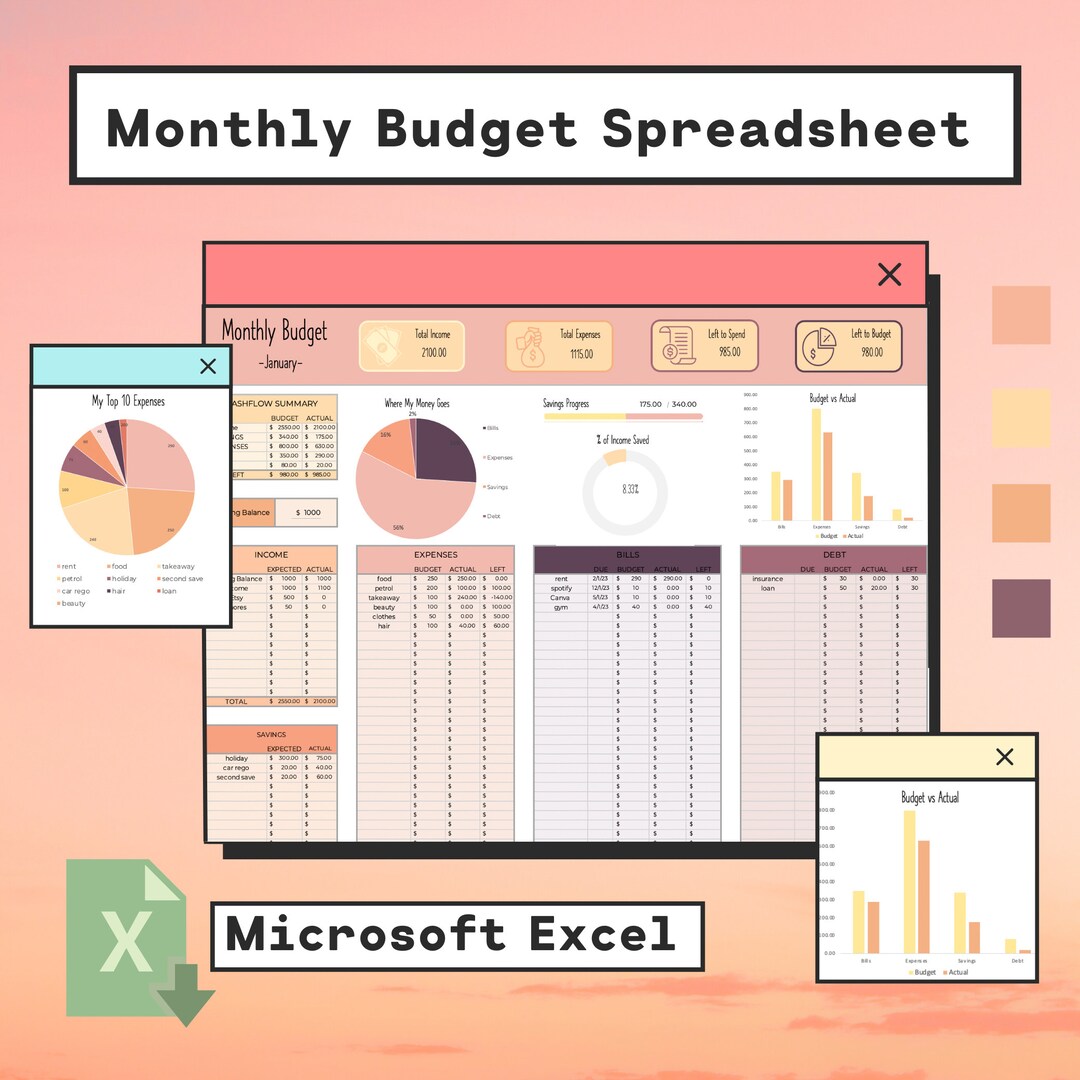 2024 Aesthetic Monthly Budget, Beginner Excel Spreadsheet, Colorful