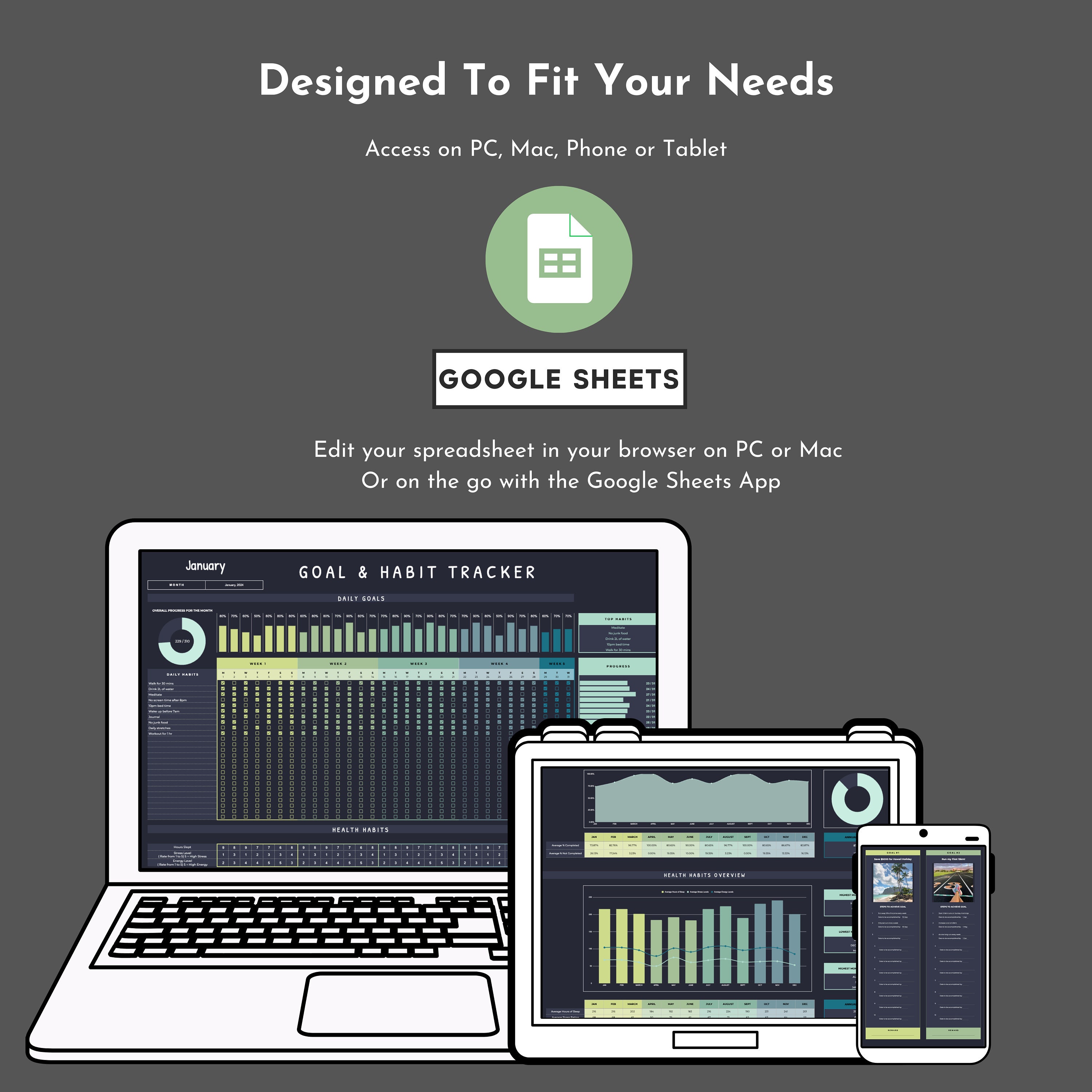 Dark Mode Habit Tracker Spreadsheet Google Sheets Template Daily
