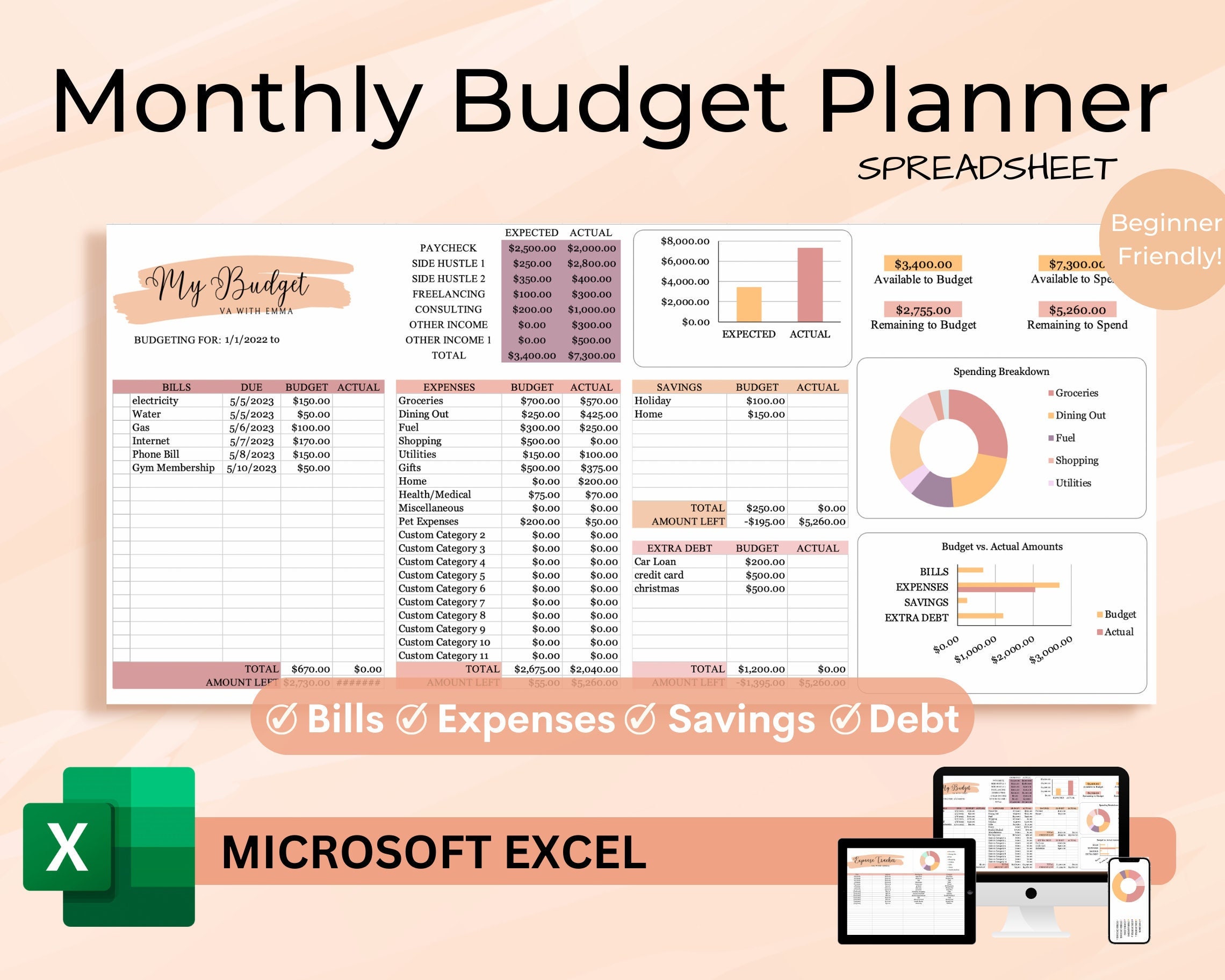 Aesthetic Monthly Budget, Excel Spreadsheet for Beginners, Financial Aesthetic Monthly Budget, Excel Spreadsheet for Beginners, Financial