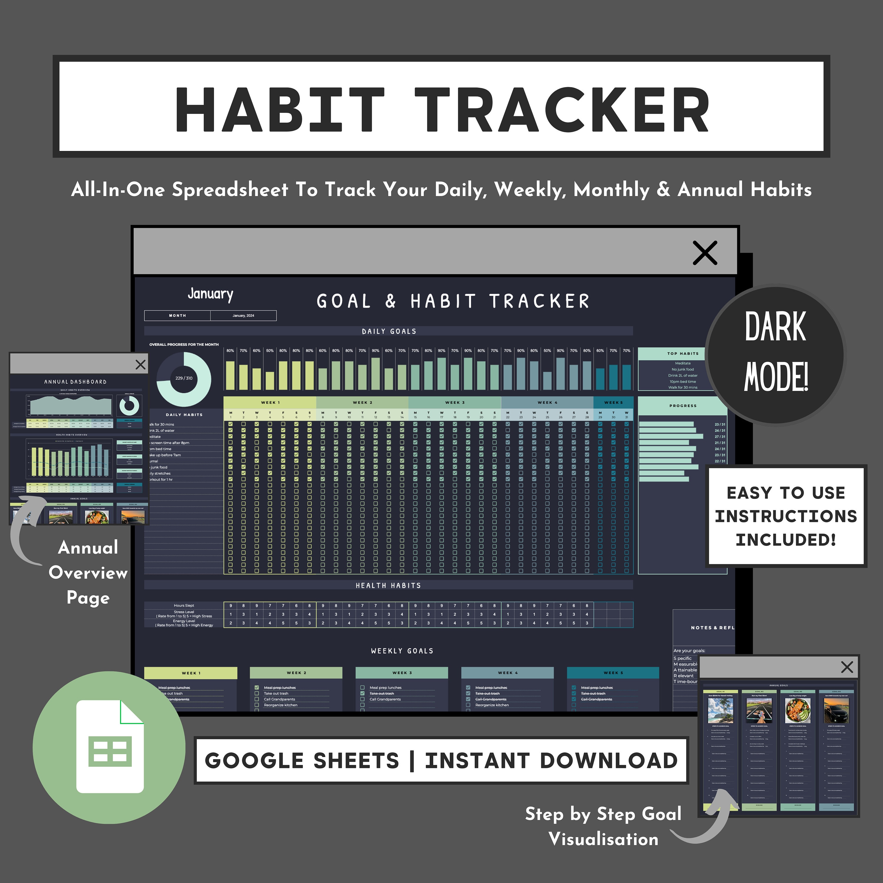 Dark Mode Habit Tracker Spreadsheet, Google Sheets Template, Daily ...