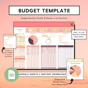 Könnte beinhalten: Eine rosa und pfirsichfarbene Google Sheets Budgetvorlage mit dem Text "BUDGET TEMPLATE" in schwarzer Schrift. Die Vorlage enthält Abschnitte für Einkommen, Ausgaben, Ersparnisse und ein Budget-gegen-tatsächliches Diagramm. Die Vorlage enthält auch ein Kreisdiagramm, das zeigt, wohin Ihr Geld fließt, und ein Kreisdiagramm, das Ihre Ausgaben aufschlüsselt. Der Text "GOOGLE SHEETS | INSTANT DOWNLOAD" befindet sich am unteren Rand der Vorlage.