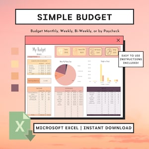 Könnte beinhalten: Eine druckbare Budget-Tabellenvorlage in Microsoft Excel. Die Vorlage soll Benutzern helfen, ihre Einnahmen, Ausgaben und Ersparnisse zu verfolgen. Die Tabelle enthält eine Kapitalflussübersicht, ein Kreisdiagramm, das zeigt, wohin das Geld fließt, und ein Balkendiagramm, das das Budget mit den tatsächlichen Ausgaben vergleicht. Die Vorlage trägt den Titel "Einfaches Budget" und enthält Anweisungen zur Verwendung.