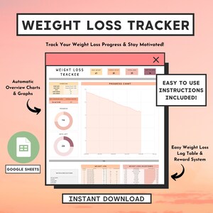 Può includere: Un tracker digitale per la perdita di peso con il titolo "WEIGHT LOSS TRACKER". Il tracker include grafici e una tabella di registro. È visibile anche il testo "Track Your Weight Loss Progress & Stay Motivated!". Il prodotto è un download immediato.