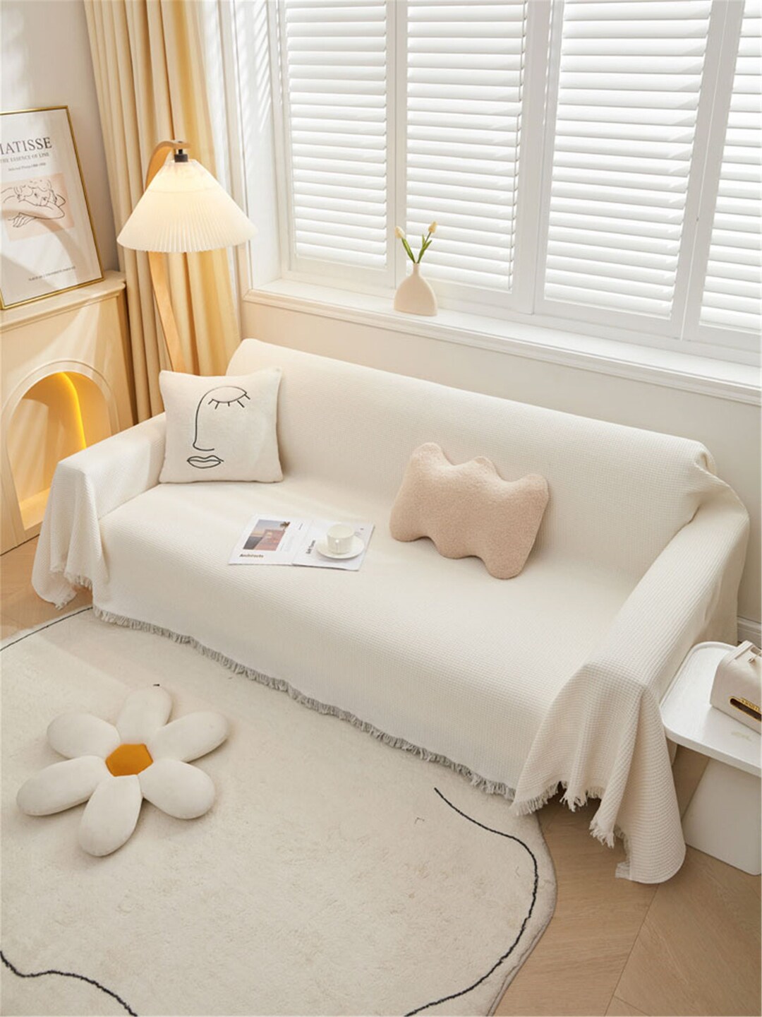 Beige Solid Sofa Slipcover With Fringe Soft Cotton Couch Etsy