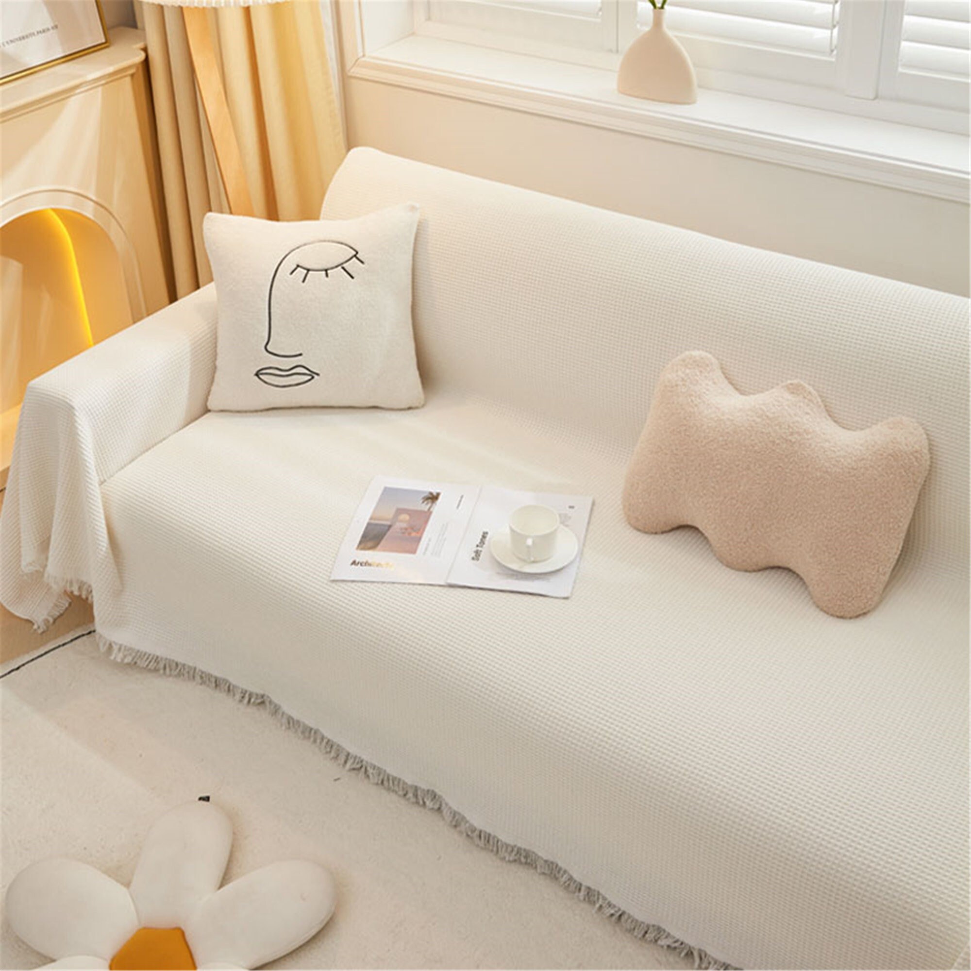 Beige Solid Sofa Slipcover With Fringe Soft Cotton Couch Etsy