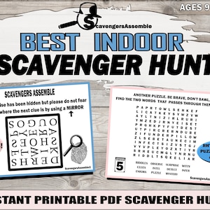 May include: A printable indoor scavenger hunt game with 20 locations. The game includes a word search puzzle, a mirror puzzle, and rhyming clues. The game is designed for ages 9 and up.