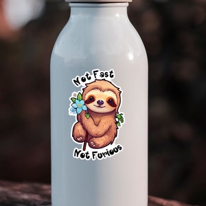 May include: White stainless steel water bottle with a sticker of a cartoon sloth holding a flower and the text "Not Fast Not Furious".