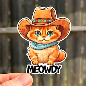 May include: A cartoon orange tabby cat wearing a brown cowboy hat with a blue bandana and the word "MEOWDY" in black text.