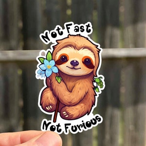 May include: A cartoon sloth holding a blue flower with the text "Not Fast Not Furious" in a white circle.