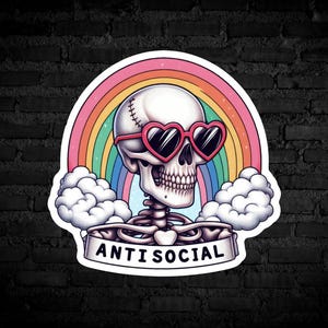 AntiSocial Skull Glossy Sticker Waterproof Skeleton Sticker Gift For Water Bottle Goth Sticker