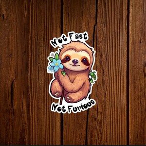 May include: A sticker featuring a cartoon sloth holding a blue flower with the text "Not Fast Not Furious" in brown lettering.