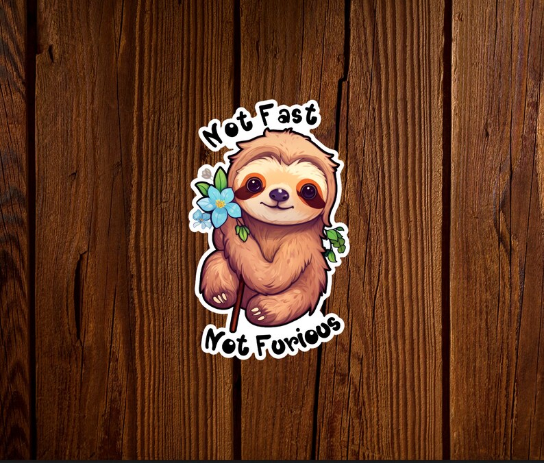 May include: A sticker featuring a cartoon sloth holding a blue flower with the text "Not Fast Not Furious" in brown lettering.