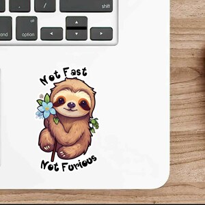 May include: A cartoon sloth holding a blue flower with the text "Not Fast Not Furious" in black.
