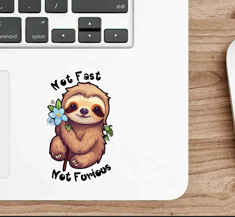 May include: A cartoon sloth holding a blue flower with the text "Not Fast Not Furious" in black.