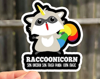 Raccoon Unicorn Trash Panda Funny Rainbow Waterproof Sticker | Cute Funny Animal Waterproof Stickers | Unicorn Custom Stickers | Child Gift