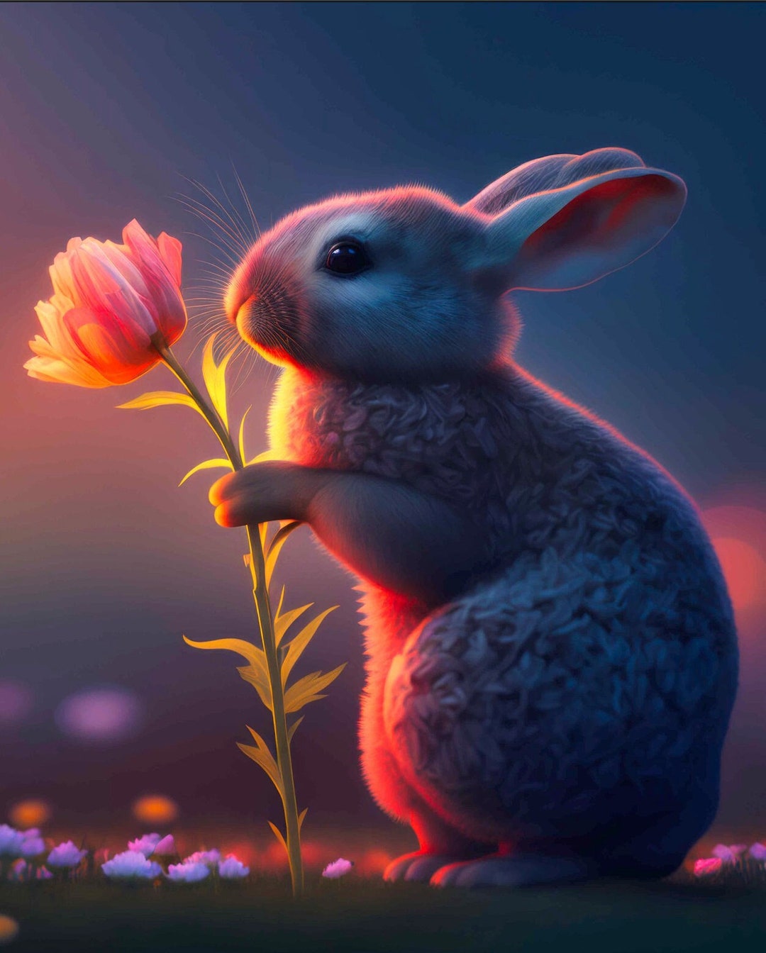 Bunny Holding Flower Digital Nursery Print Cute Rabbit Kids - Etsy