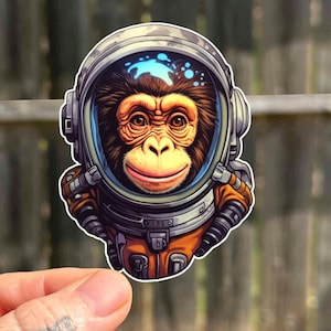 Naklejka wodoodporna z kosmiczną małpką, słodka naklejka ze zwierzęciem, prezent dla niej, zestaw naklejek na butelkę z wodą, naklejka dla miłośnika zwierząt, naklejka retro astronauta