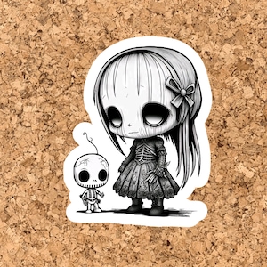 Puede incluir: Ilustración en blanco y negro de una niña con un lazo en el pelo y una muñeca esqueleto. La niña lleva un vestido con estampado floral.