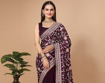 Wine Rangoli Silk Saree: Multi-Thread Embroidery, Unstitched Blouse