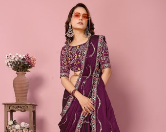 Wine Rangoli Silk Saree: Embroidered Wedding Wear with Unstitched Blouse